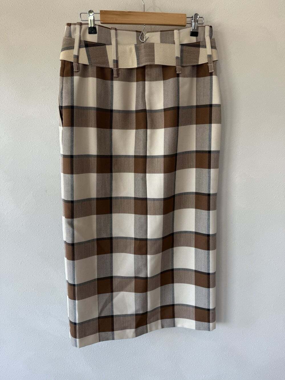 Staud Women’s 10 Maxi Midi Skirt Plaid Brown Cream Slit Straight Long Wool - Picture 7 of 9